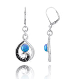 Black Spinel Wave and Round Blue Opal Lever Back Earrings