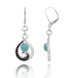 Black Spinel Wave and Round Larimar Lever Back Earrings