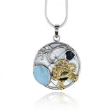 Crab Pendant Necklace with Larimar, Blue Sapphire and Mother of Pearl Mosaic