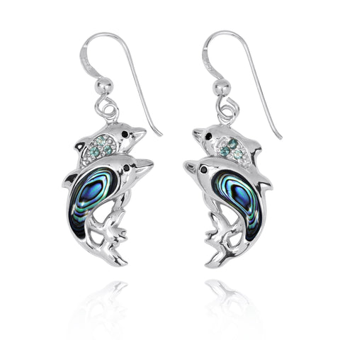 Dolphin Drop Earrings with Abalone shell and Swiss Blue Topaz