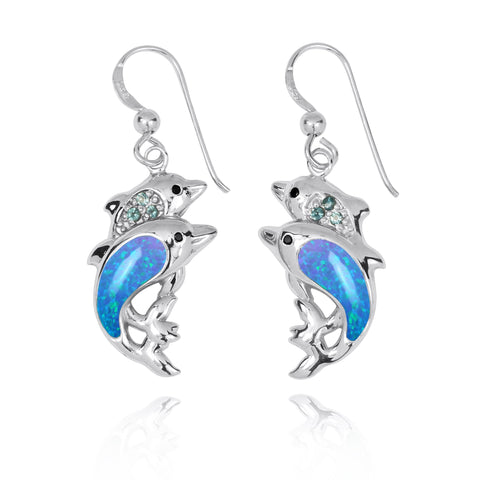 Dolphin Drop Earrings with Blue Opal and Swiss Blue Topaz