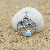 Dolphin Pendant Necklace with Larimar, Swiss Blue Topaz and Mother of Pearl Mosaic