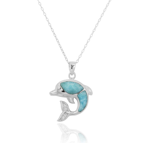 Dolphin Pendant Necklace with Larimar and White CZ