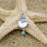 Dolphin Pendant Necklace with Swiss Blue Topaz, Mother of Pearl Mosaic and Larimar Stone