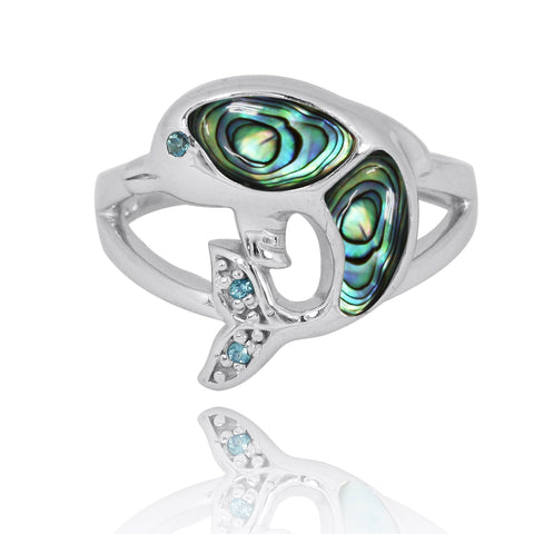 Dolphin Ring with Abalone shell, London Blue Topaz and Swiss Blue Topaz