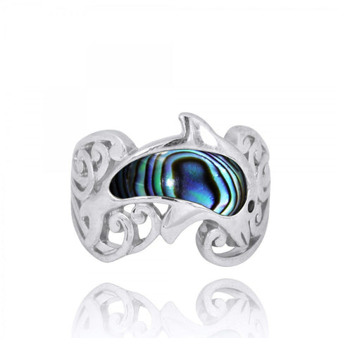 Dolphin Ring with Abalone shell and Black Spinel