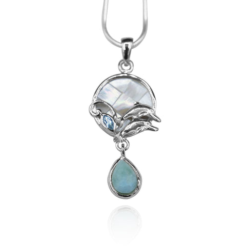 Dolphins Pendant Necklace with Blue Topaz, Mother of Pearl Mosaic and Larimar Stone