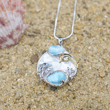 Dolphins Pendant Necklace with Two Larimar Stones and Mother of Pearl Mosaic