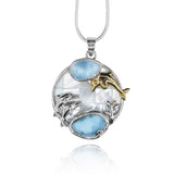 Dolphins Pendant Necklace with Two Larimar Stones and Mother of Pearl Mosaic