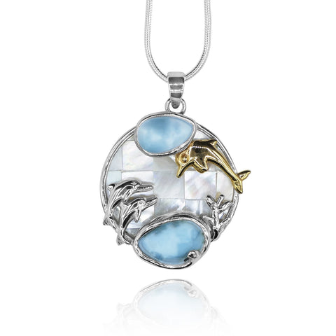 Dolphins Pendant Necklace with Two Larimar Stones and Mother of Pearl Mosaic