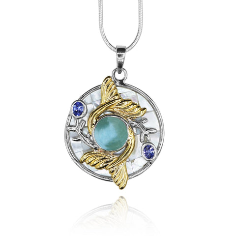 Double Mermaid Tail Pendant Necklace with Larimar, Tanzanite and Mother of Pearl Mosaic