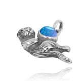 Floating Sea Otter Holding Round Blue Opal Oxidized Silver Pendant