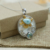 Gold Sea Turtle Pendant Necklace with Larimar and Blue Topaz