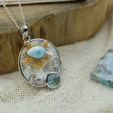 Gold Sea Turtle Pendant Necklace with Larimar and Blue Topaz