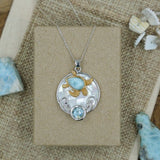 Gold Sea Turtle Pendant Necklace with Larimar and Blue Topaz