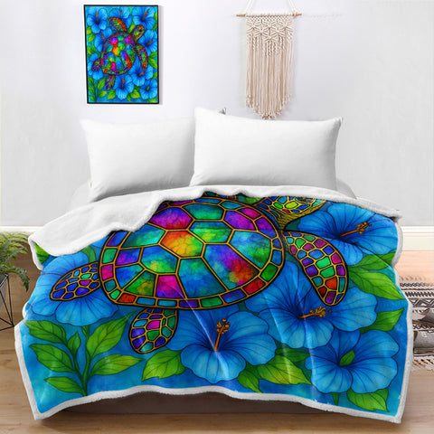 Hibiscus Sea Turtle Soft Sherpa Blanket
