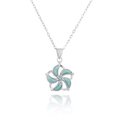 Hibiscus Shaped Pendant Necklace with Larimar and Swiss Blue Topaz