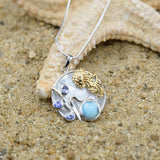 Jellyfish Pendant Necklace with Larimar, Tanzanite and Mother of Pearl Mosaic