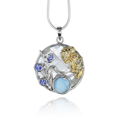 Jellyfish Pendant Necklace with Larimar, Tanzanite and Mother of Pearl Mosaic