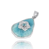 Larimar Pendant Necklace with Hibiscus Flower and Swiss Blue Topaz