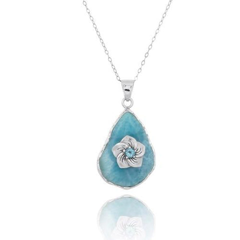 Larimar Pendant Necklace with Hibiscus Flower and Swiss Blue Topaz