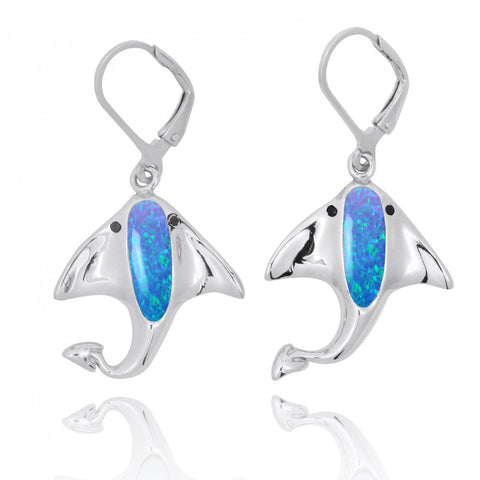 Manta Ray with Blue Opal and Black Spinel Lever Back Earrings