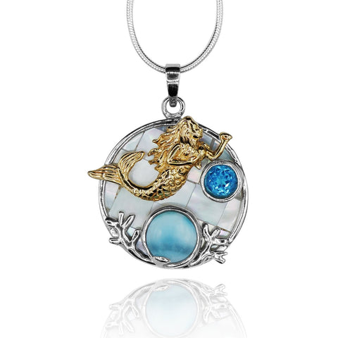 Mermaid Pendant Necklace with Larimar, Blue Topaz and Mother of Pearl Mosaic