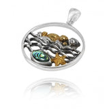 Mother Otter with Golden Baby Oxidized Silver Pendant with Marquise Abalone shell and Gold Starfish