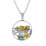 Mother Otter with Golden Baby Oxidized Silver Pendant with Marquise Abalone shell and Gold Starfish