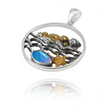 Mother Otter with Golden Baby Oxidized Silver Pendant with Marquise Blue Opal and Gold Starfish