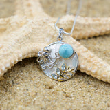 Octopus Pendant Necklace with Larimar. Blue Topaz and Mother of Pearl Mosaic