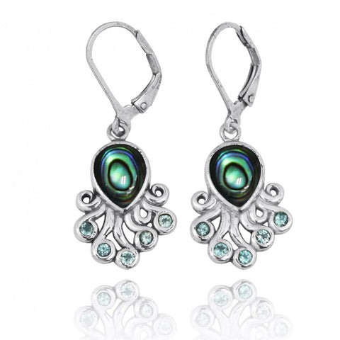 Octopus with Abalone shell and Swiss Blue Topaz Lever Back Earrings