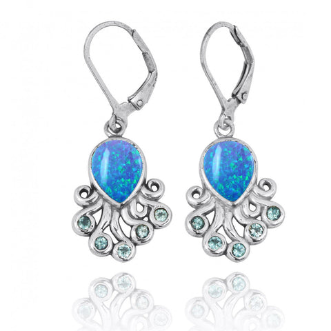 Octopus with Blue Opal and Swiss Blue Topaz Lever Back Earrings