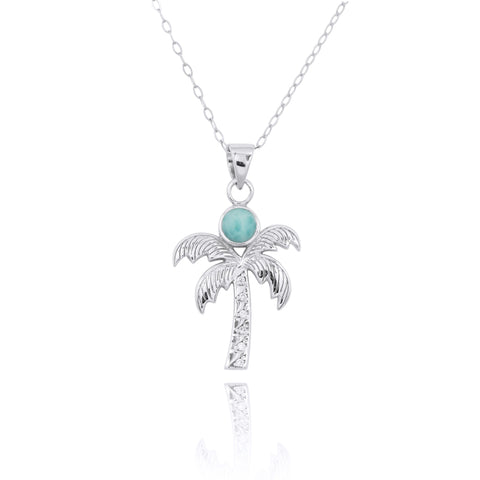 Palm Tree Pendant Necklace with Larimar and White Topaz