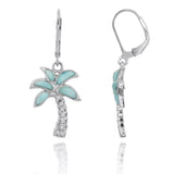 Palm Tree with Larimar and White CZ Lever Back Earrings