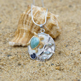 Sea Turtle Pendant Necklace with Larimar, Blue Sapphire and Mother of Pearl Mosaic