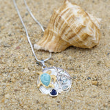 Sea Turtle Pendant Necklace with Larimar, Blue Sapphire and Mother of Pearl Mosaic