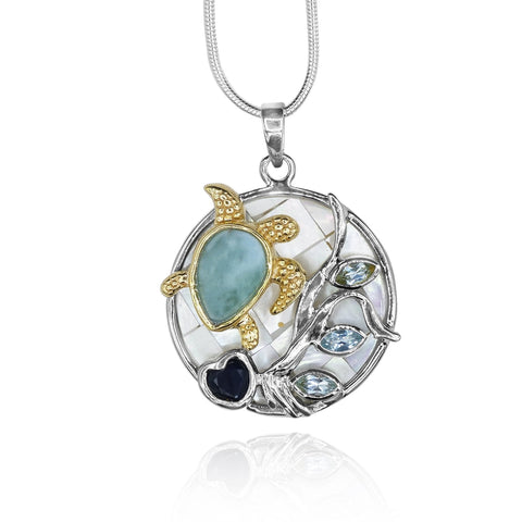 Sea Turtle Pendant Necklace with Larimar, Blue Sapphire and Mother of Pearl Mosaic