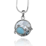 Sea Turtle Pendant Necklace with Larimar, Blue Topaz and Mother of Pearl Mosaic