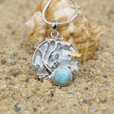 Sea Turtle Pendant Necklace with Larimar. Blue Topaz and Mother of Pearl Mosaic