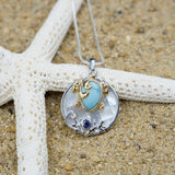 Sea Turtle Pendant necklace with Larimar, Blue Sapphire and Mother of Pearl Mosaic