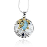 Sea Turtle Pendant necklace with Larimar, Blue Sapphire and Mother of Pearl Mosaic