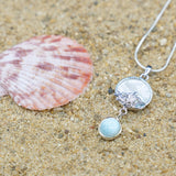 Sea Turtles Pendant Necklace with Blue Topaz, Mother of Pearl Mosaic and Larimar Stone