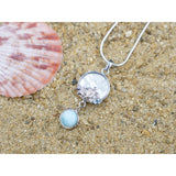 Sea Turtles Pendant Necklace with Blue Topaz, Mother of Pearl Mosaic and Larimar Stone