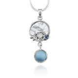 Sea Turtles Pendant Necklace with Blue Topaz, Mother of Pearl Mosaic and Larimar Stone