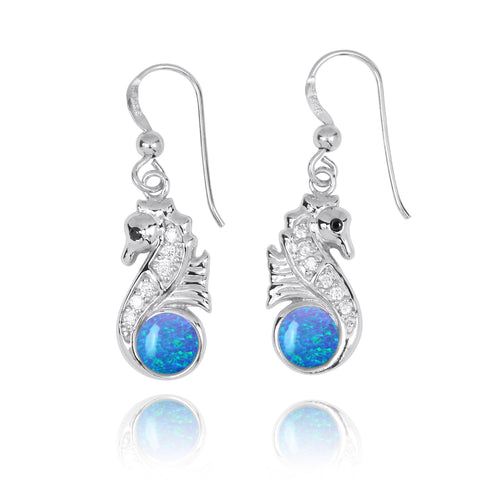 Seahorse Drop Earrings with Blue Opal and CZ