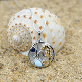 Seahorse Pendant Necklace with Larimar, Blue Topaz, Blue Sapphire and Mother of Pearl Mosaic