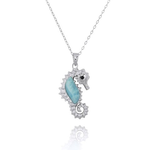 Seahorse Pendant Necklace with Larimar and Black Spinel