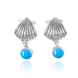 Seashell Stud Earrings with Dangling Round Blue Opal