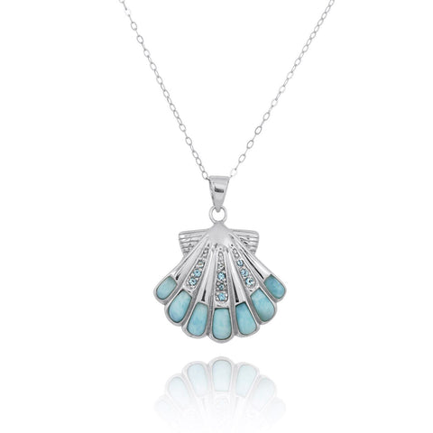 Seashell with Swiss Blue Topaz Larimar Pendant Necklace